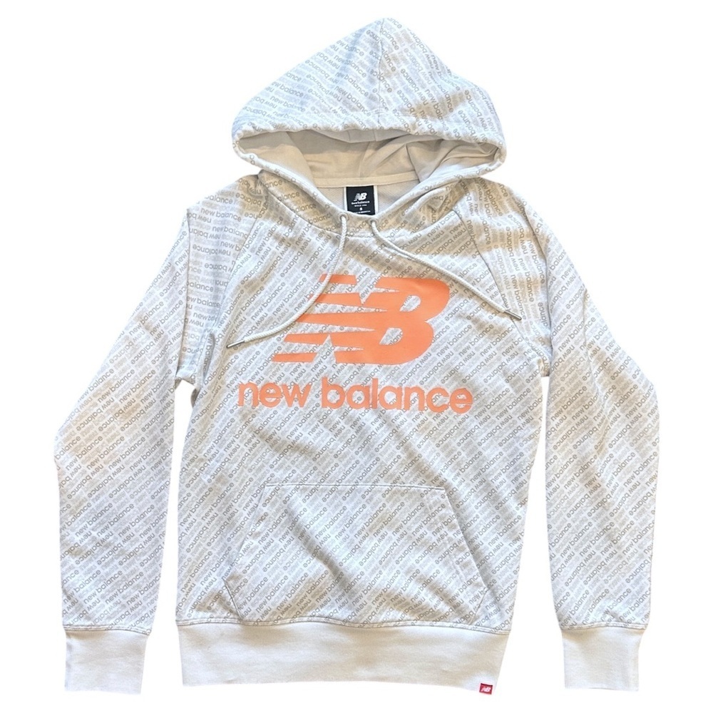 New Balance All-Over Wordmark Logo Hoodie in White/Gray/Bright Coral Men’s Small